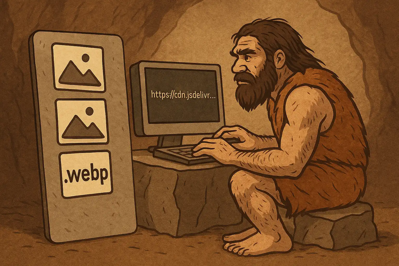 cover image of a caveman coding on a computer
