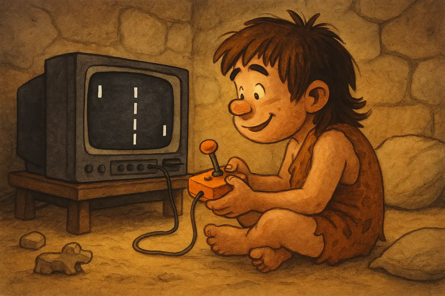over image of a caveboy playing pong