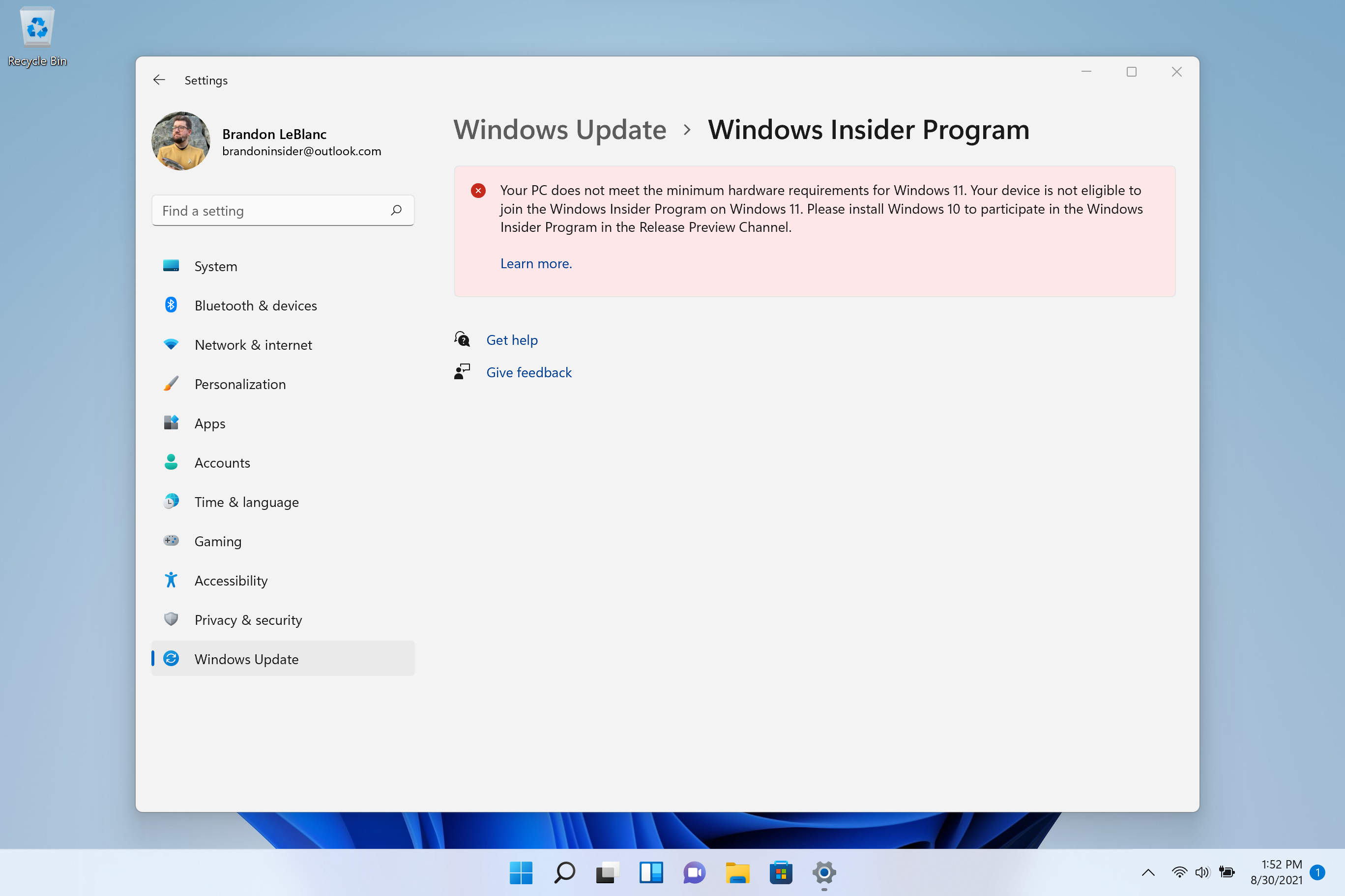 请注意在 6 月 24 日获得安装 Windows 11 预览版的例外情况的 PC 上的 Windows 预览体验计划设置页面。