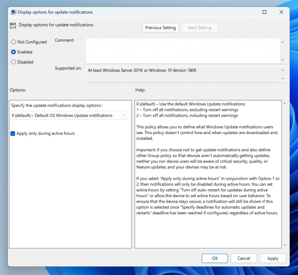 用于管理 Windows 更新通知的新组策略,如组策略编辑器中所示。