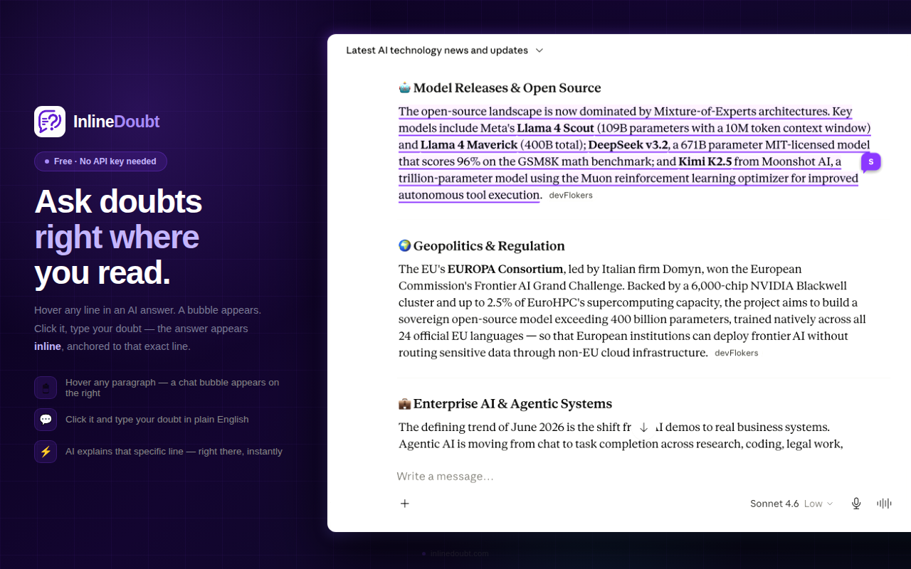 Ask doubts right where you read, anchored inline