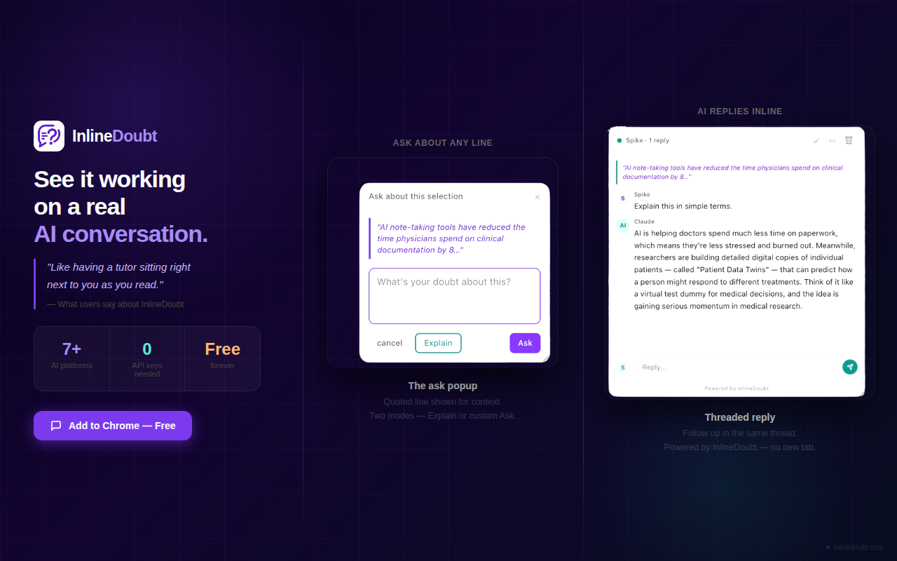 Ask about any line — the ask popup and threaded reply
