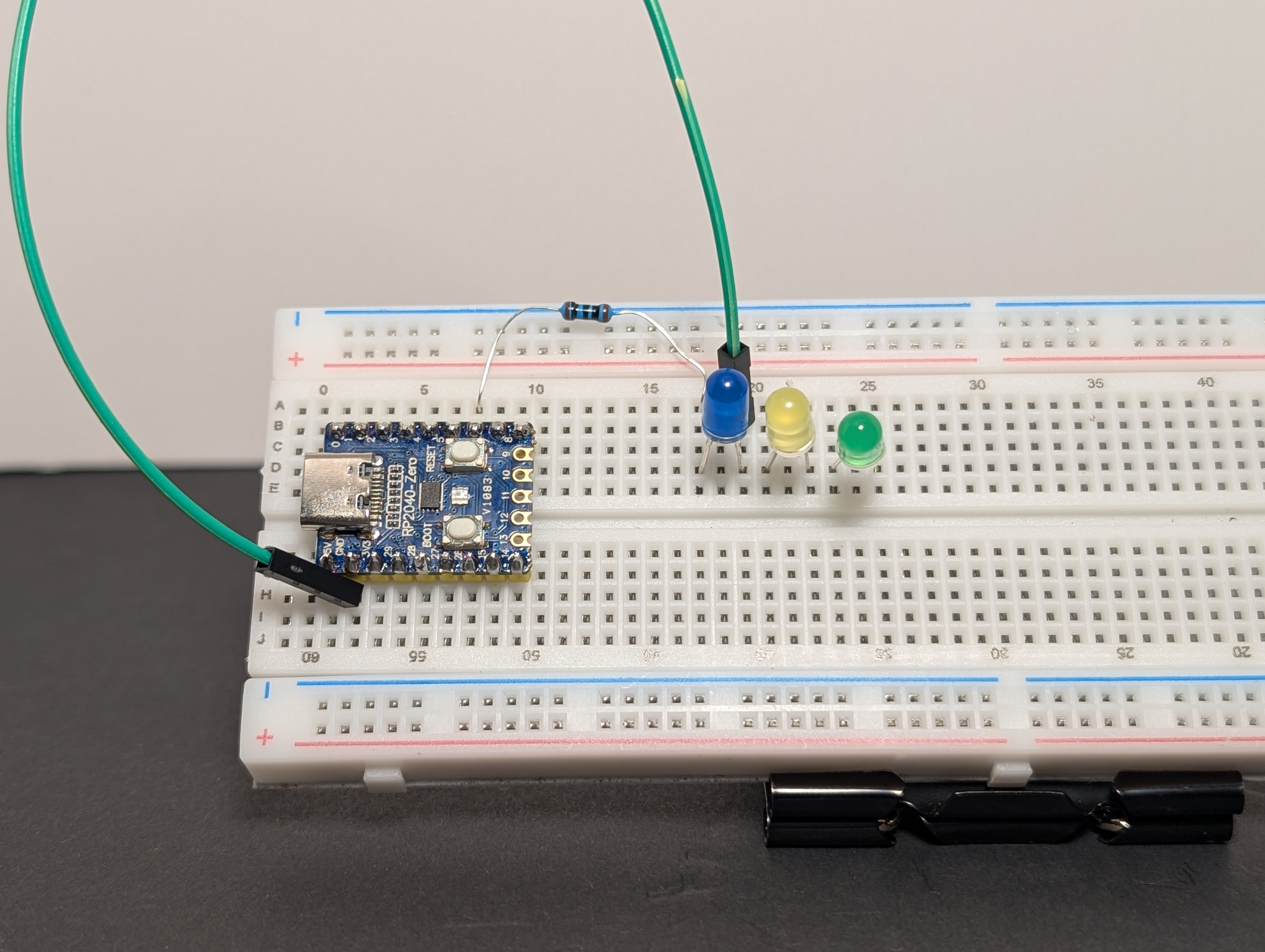 Add two more LEDs to the breadboard.