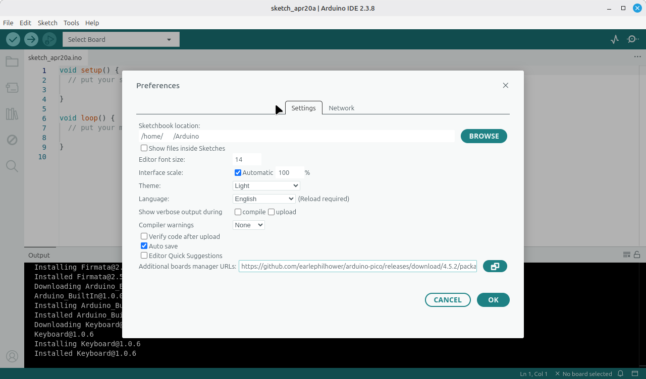 Arduino board manager menu