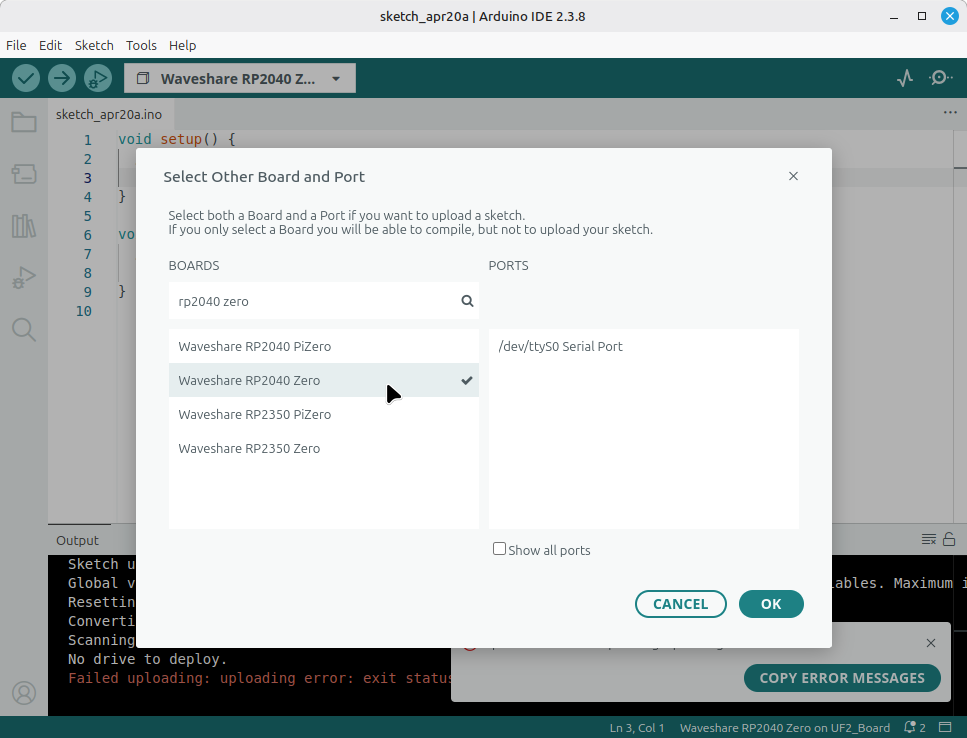 Selecting the Waveshare RP2040 Zero in the board select menu