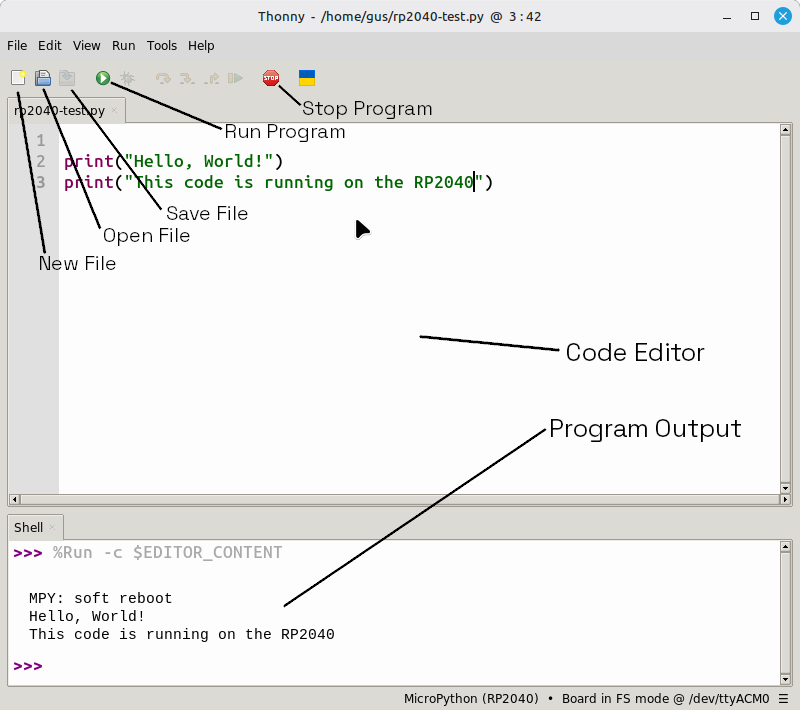 Screenshot of Thonny showing the code editor, program output, new file, open, save, run, and stop buttons