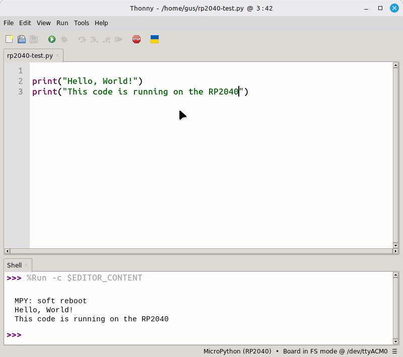 Screenshot of the 'hello world' program running on the RP2040
