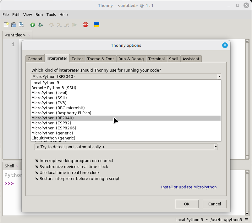 Selecting the RP2040 in Thonny