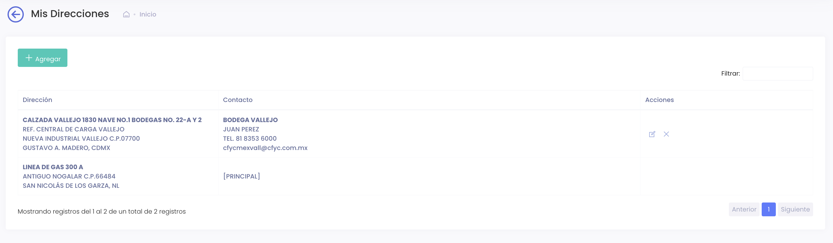 Listado de direcciones guardadas