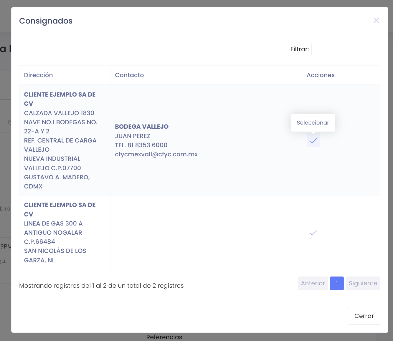 Selección de dirección guardada