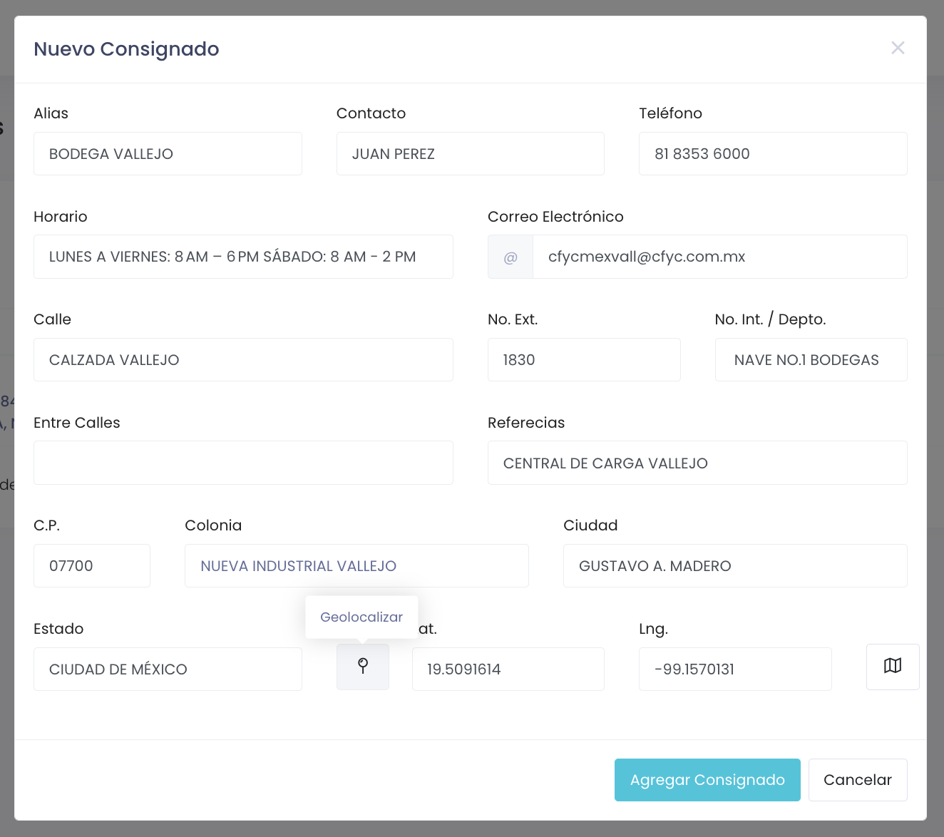 Formulario de nuevo consignado