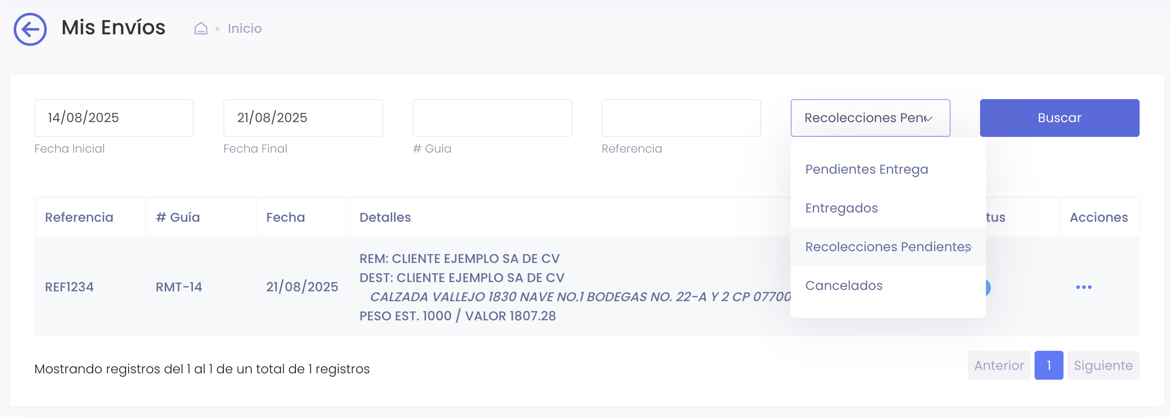 Búsqueda de embarques en Mis Envíos