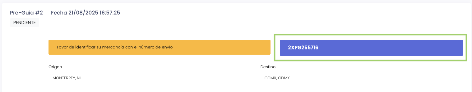 Pre-Guía pendiente registrada