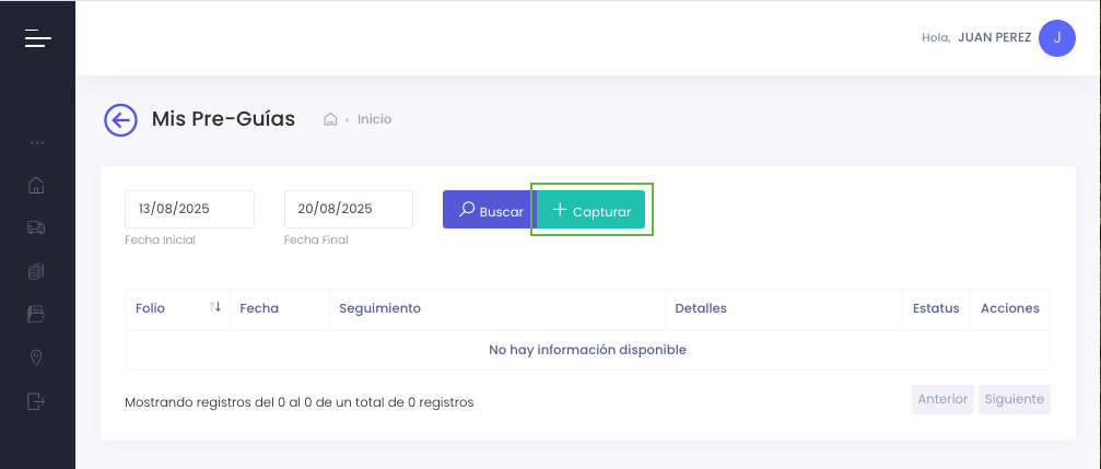 Botón Capturar nueva Pre-Guía
