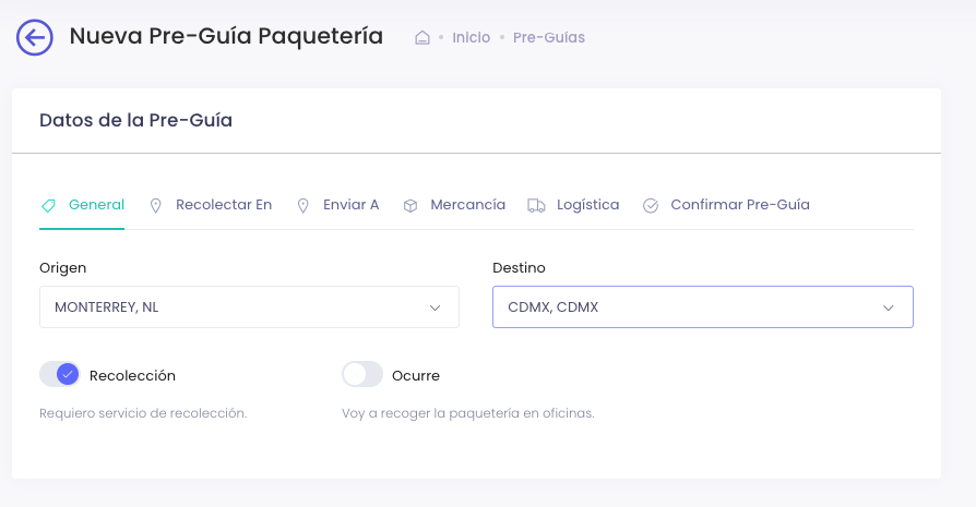 Pantalla de captura de Pre-Guía