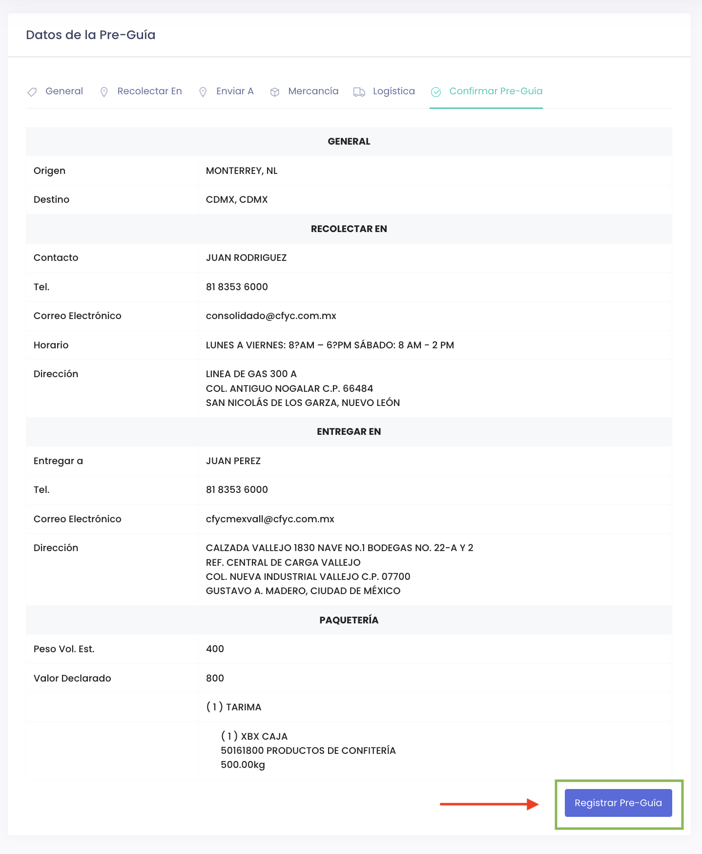Confirmación de Pre-Guía