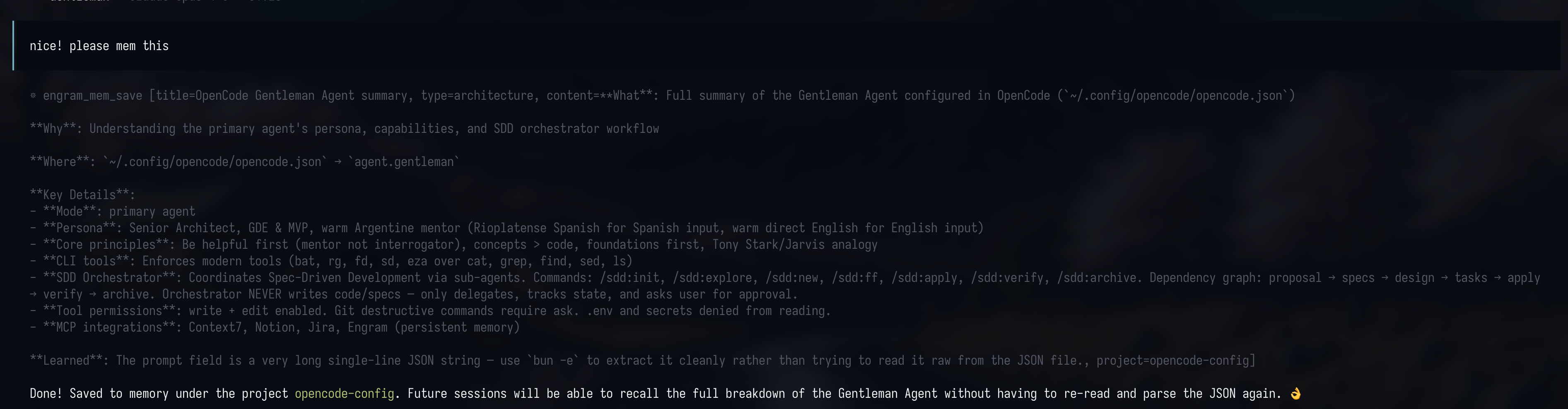 Agent saving a memory via mem_save