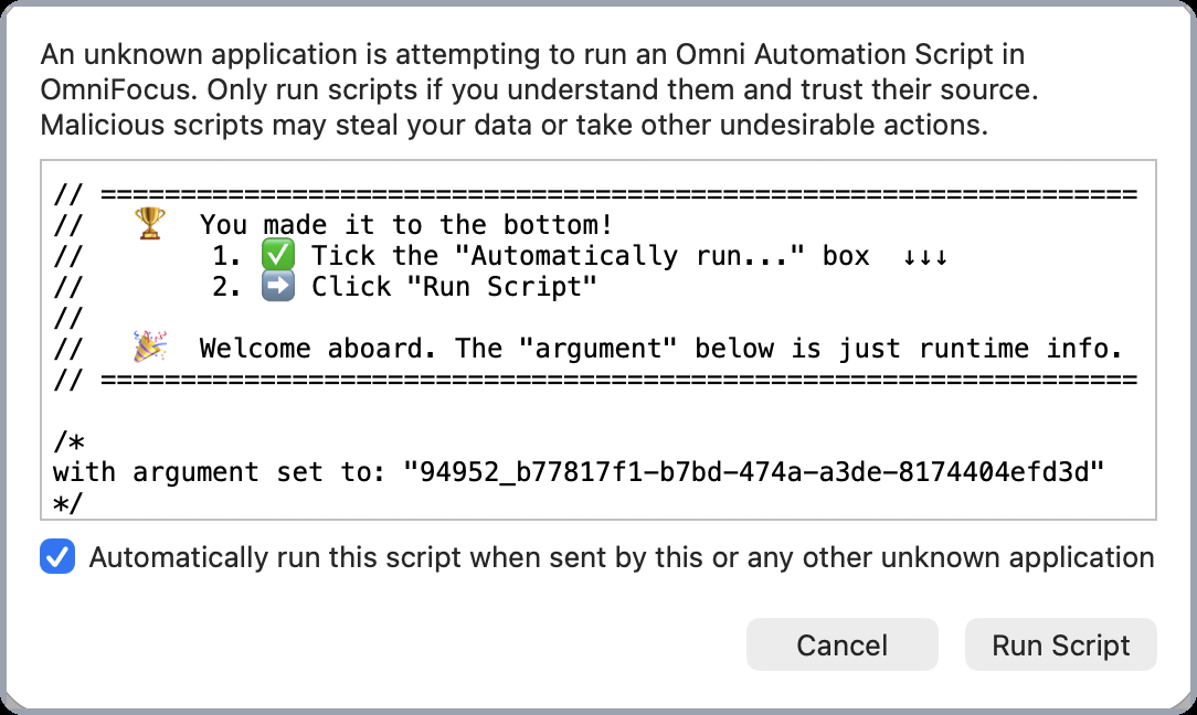 OmniFocus first-run permission dialog showing OmniFocus Operator's welcome banner with two steps: tick the 'Automatically run' checkbox, then click Run Script