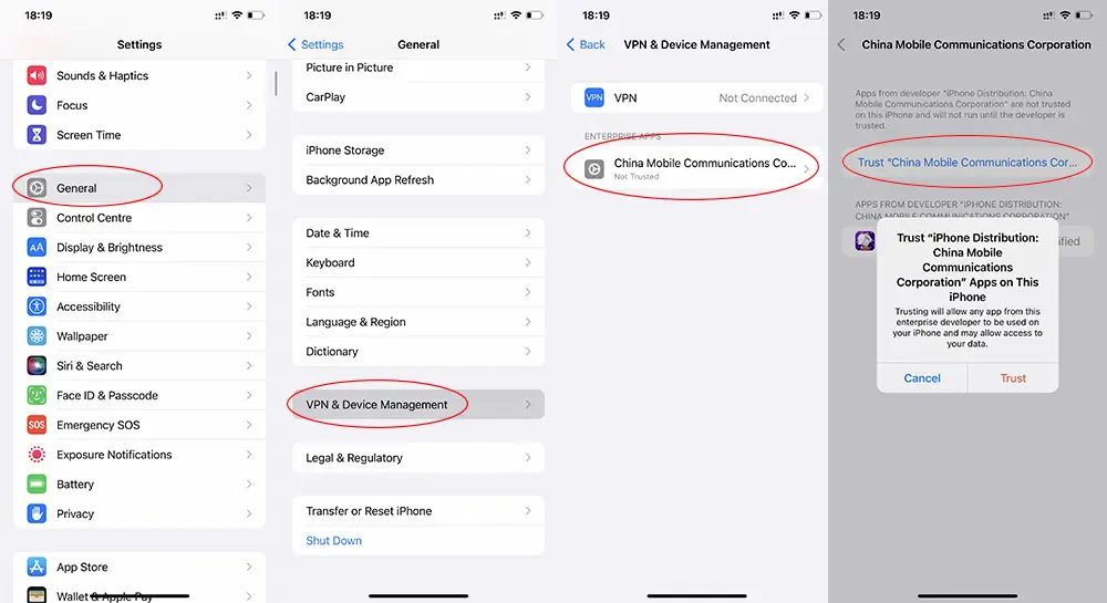 Trust certificate in iOS settings