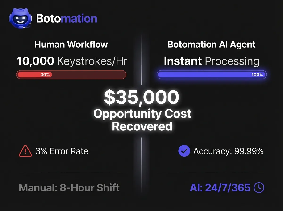 An infographic dashboard comparing human manual entry metrics (10,000 keystrokes/hr, 3% error) against Botomation AI (Instant, 99.99% accuracy, 24/7 availability).