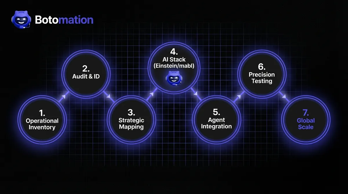 A 7-step circular roadmap for business automation, moving from initial inventory to full-scale AI agent deployment with Botomation.