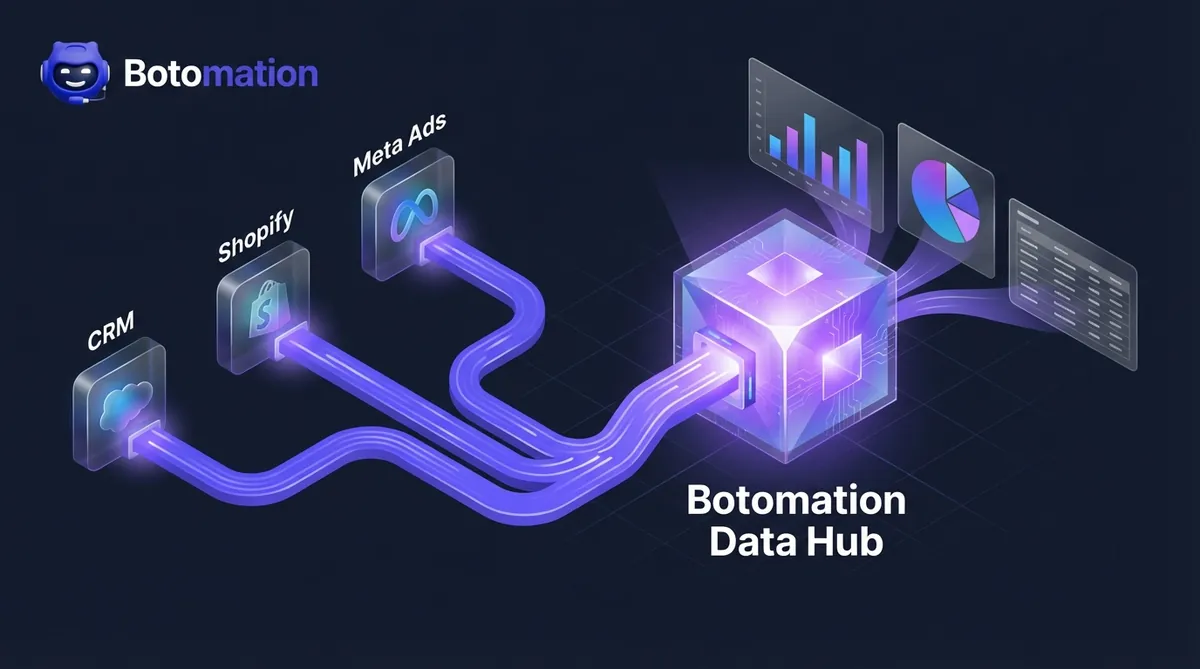 Isometric diagram showing data from CRM, Shopify, and Meta Ads flowing into a central Botomation Data Hub to create a single source of truth.