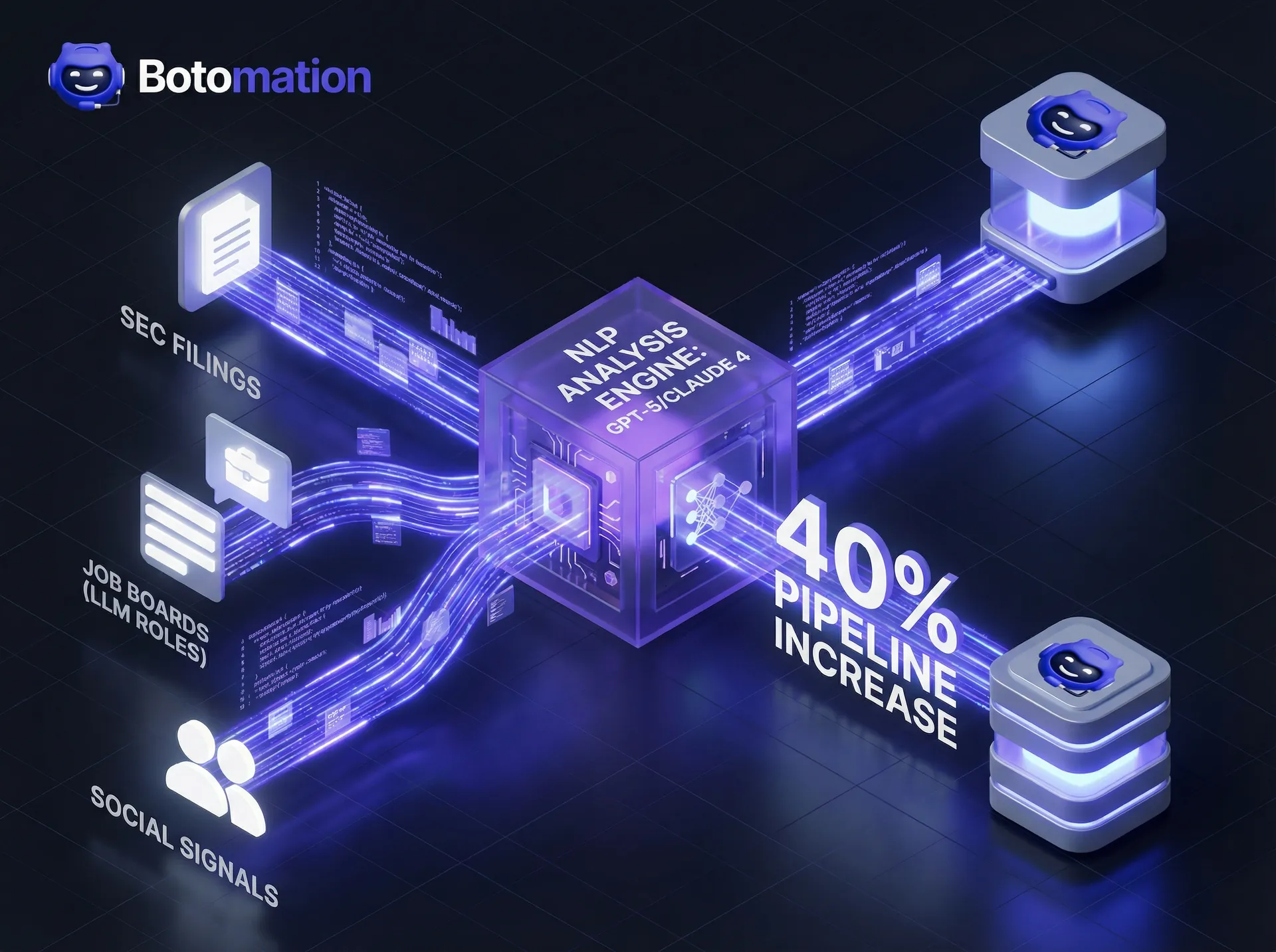 An isometric technical diagram showing SEC filings and job board data flowing into a Botomation NLP engine to create a 40 percent sales pipeline increase.