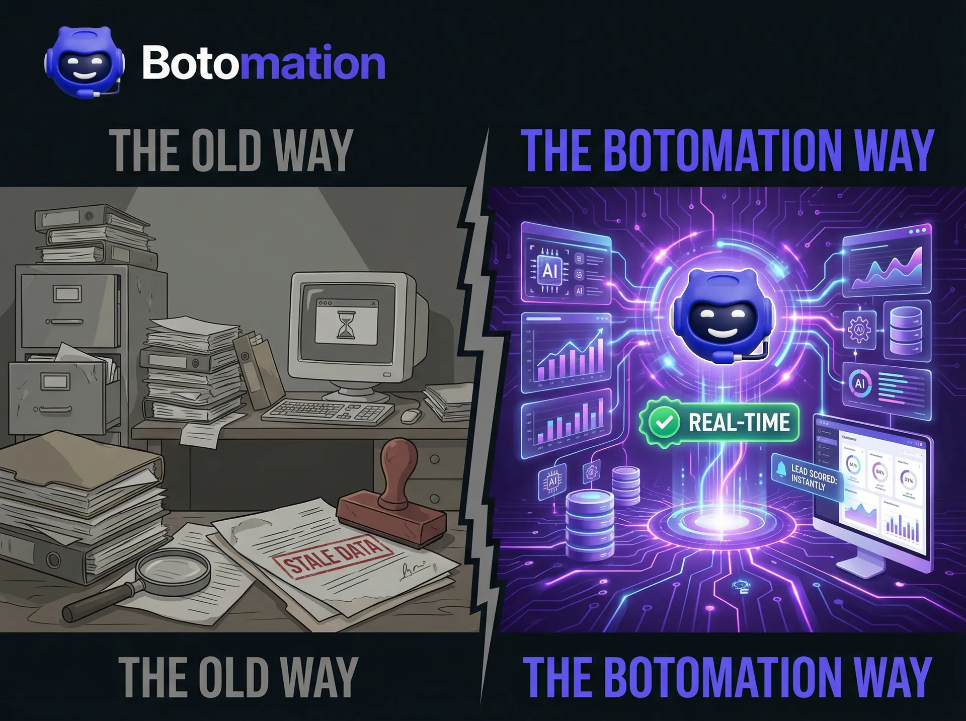 A split-screen comparison illustrating the difference between manual lead scoring with cluttered paper files and the Botomation way featuring a sleek digital interface and real-time data streams.