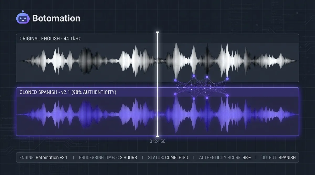 A technical UI comparison showing two synchronized audio waveforms: a white 'Original English' track and a purple 'Cloned Spanish' track using the Botomation v2.1 engine.