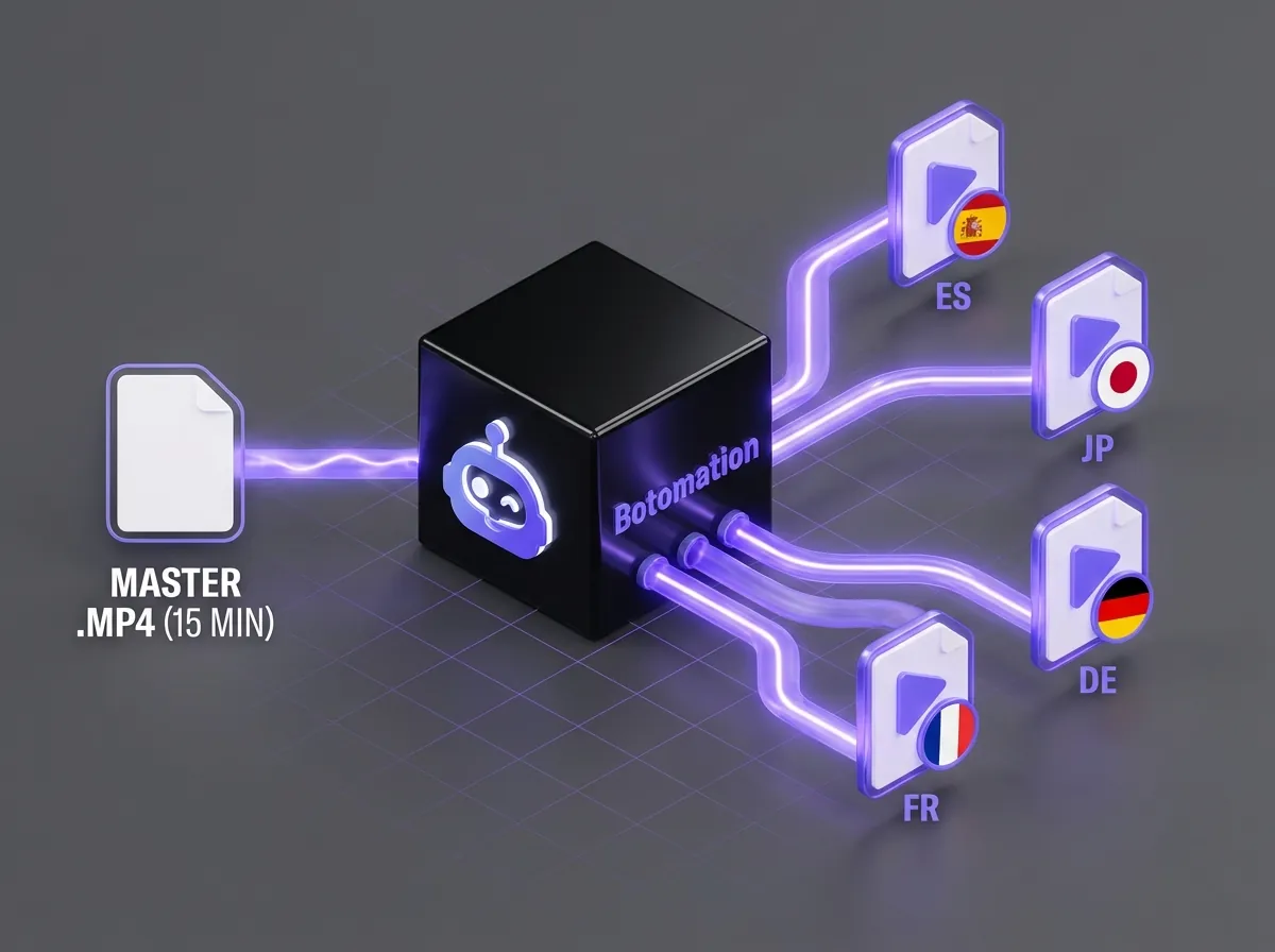 An isometric flowchart showing a single 15-minute master video entering the Botomation Engine and branching into four localized versions for ES, JP, DE, and FR markets.
