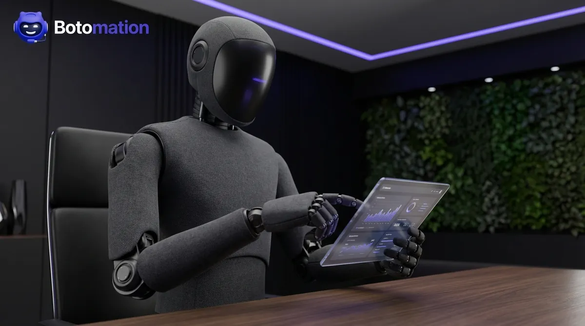A 1X Neo Humanoid Robot with fabric-covered limbs performing digital tasks in a modern dark-themed office with purple accents.