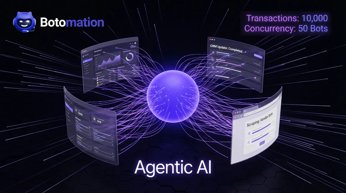 A digital visualization of an Agentic AI core processing 10,000 transactions across CRM and web interfaces in a purple and black UI.