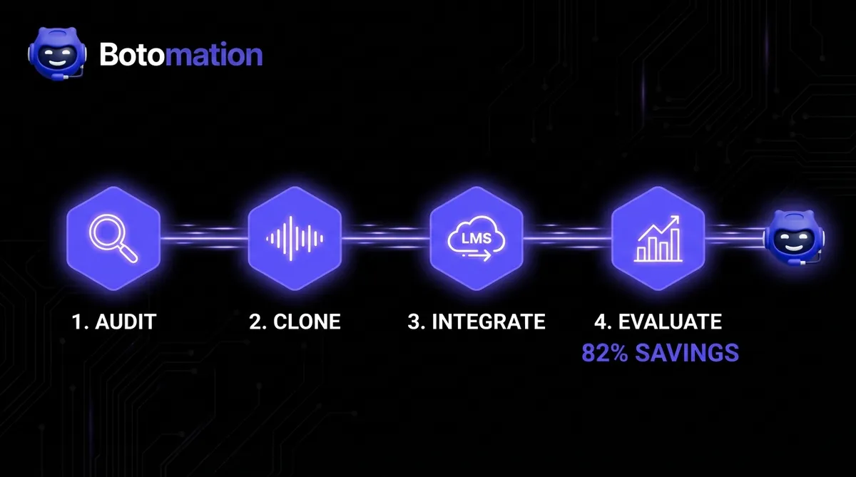 A 4-step implementation diagram for AI voice cloning: Audit, Clone, Integrate, and Evaluate, showing an 82% cost savings metric.