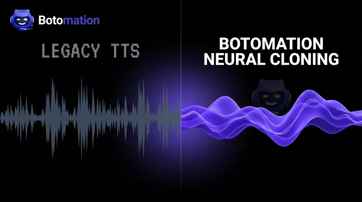 A technical split-screen diagram contrasting a jagged gray waveform for Legacy TTS with a smooth, glowing #5C50FF purple fluid waveform for Botomation Neural Cloning.