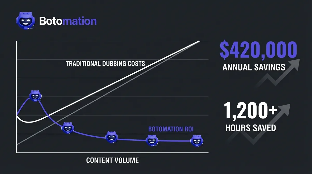 A business infographic showing a line graph where Botomation ROI (purple) outperforms rising traditional dubbing costs (white), highlighting $420,000 in annual savings.