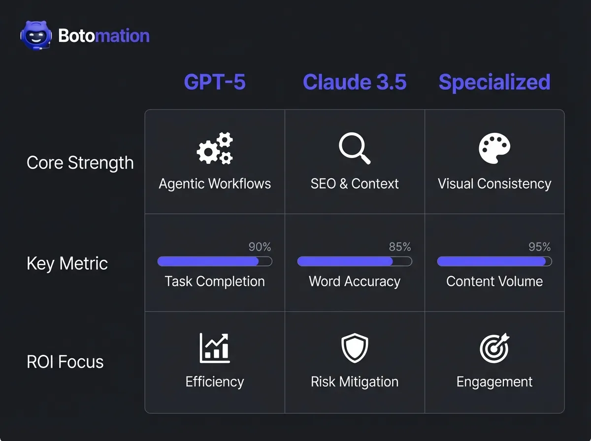 A dark-mode UI comparison chart showing the strengths of GPT-5, Claude 3.5, and specialized tools like Midjourney v7 and Synthesia.