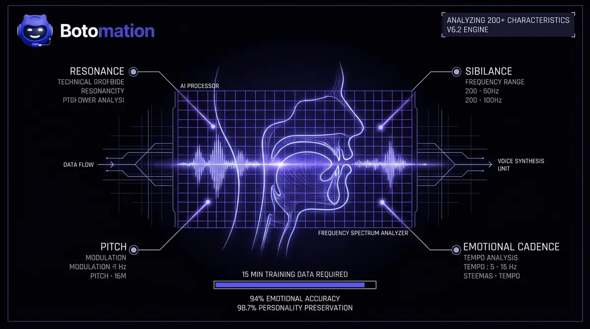 Technical schematic showing the Botomation AI voice cloning process, analyzing 200+ vocal characteristics with 94% emotional accuracy and 98.7% personality preservation using only 15 minutes of training data.