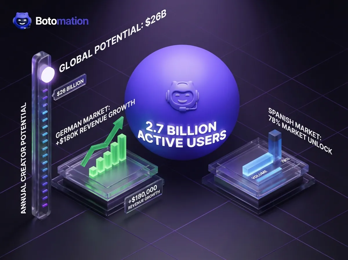 A 3D data visualization illustrating the $26 billion YouTube creator revenue potential, highlighting 2.7 billion active users and specific growth examples like the $180,000 revenue increase in the German market.