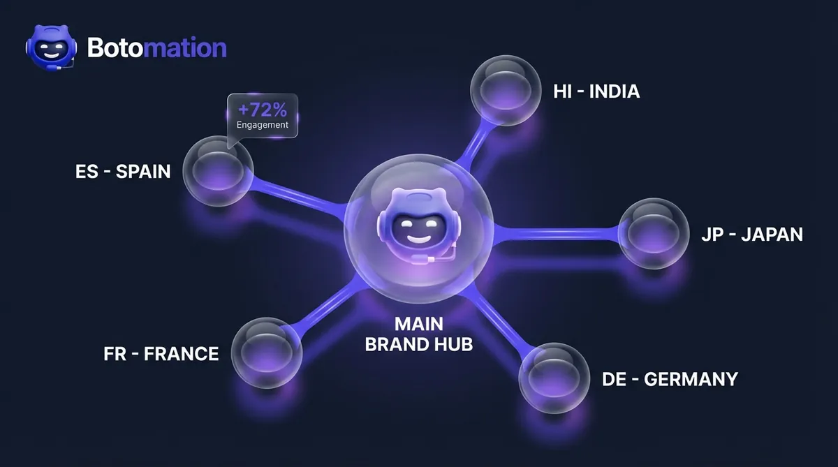 A Hub and Spoke diagram for YouTube management showing a central Botomation brand hub connected to international nodes for Spain, India, Japan, Germany, and France.