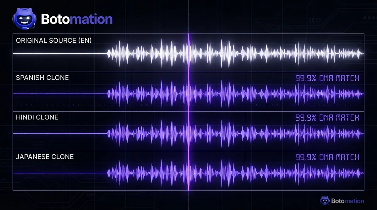 A digital audio interface showing an original English waveform perfectly matched with Spanish, Hindi, and Japanese clones, each labeled with a 99.9 percent DNA match to illustrate voice cloning consistency.