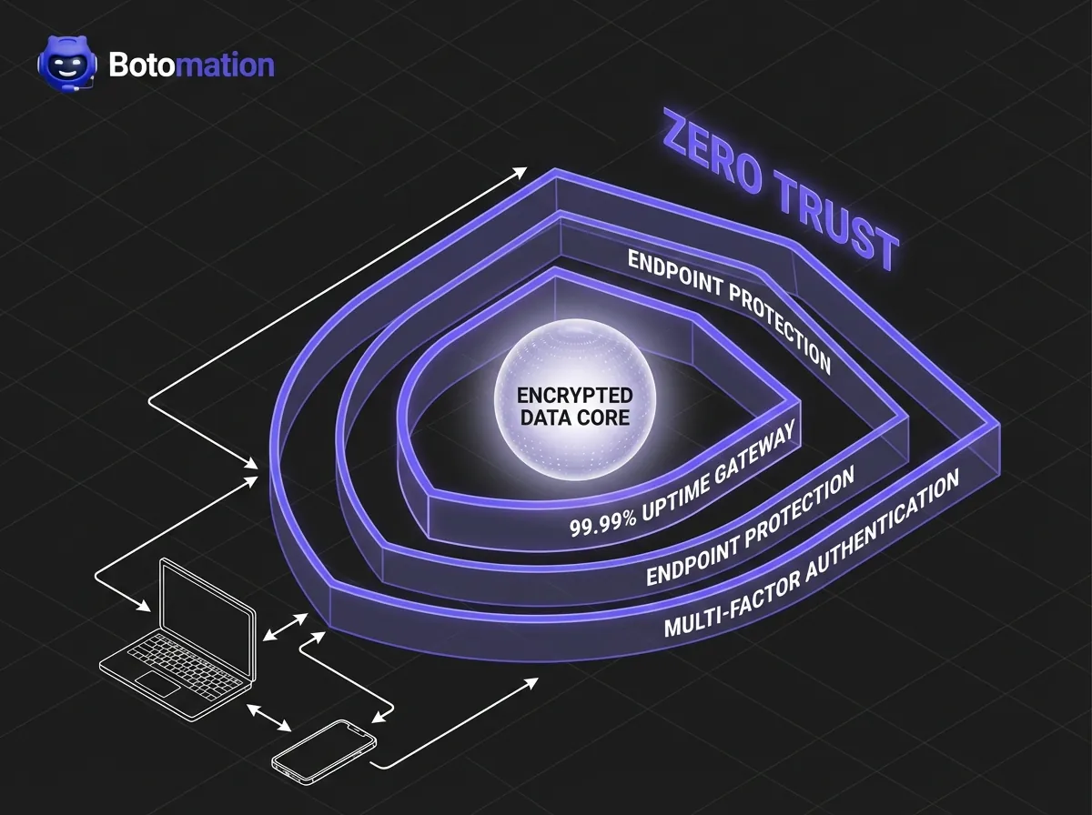 Isometric diagram of a Zero Trust security stack featuring multi-factor authentication and endpoint protection shields in Botomation purple.