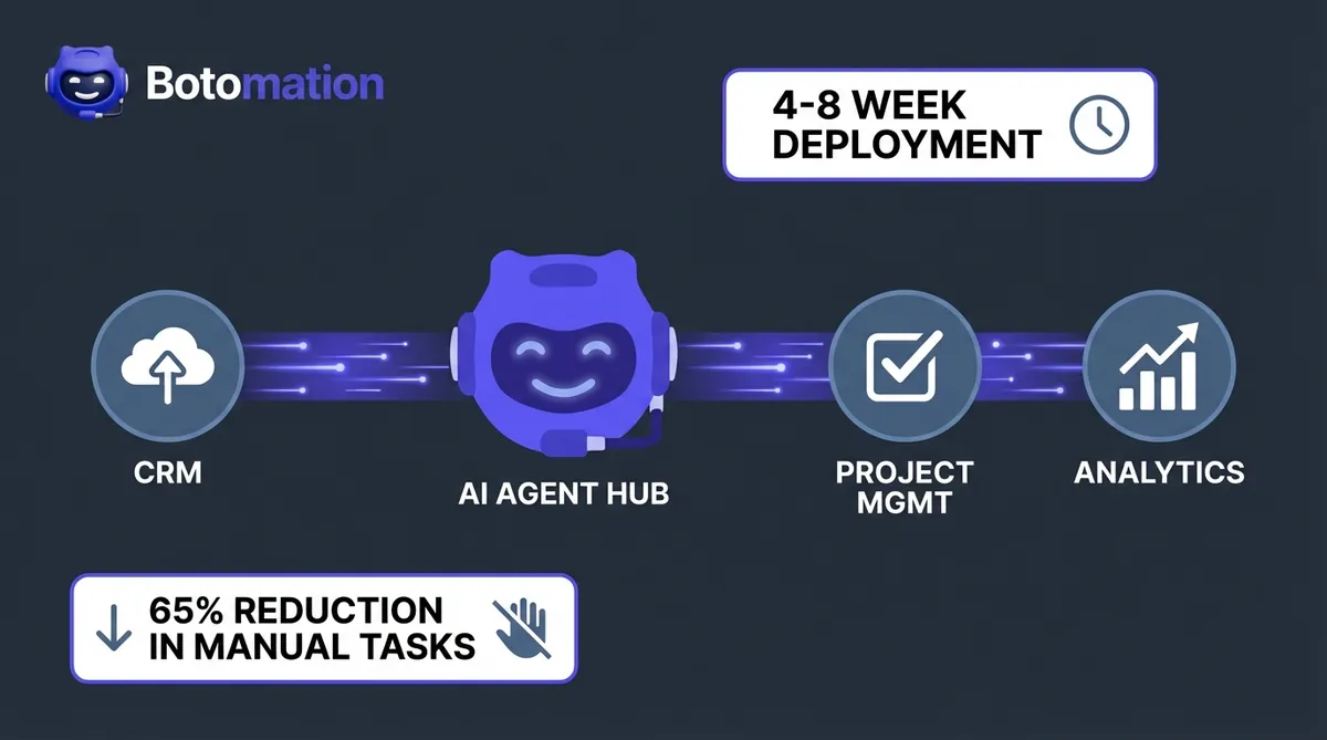 A flat vector diagram showing a central Botomation AI hub connecting CRM and Analytics tools with a 4-8 week deployment timeline.