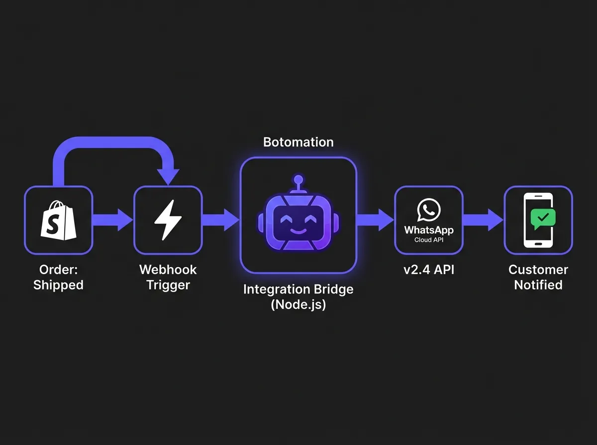 A technical flowchart showing the step-by-step automation process: Shopify Order status triggers a Webhook to the Botomation Node.js Bridge, which communicates with the WhatsApp Cloud API v2.4 to notify the customer.