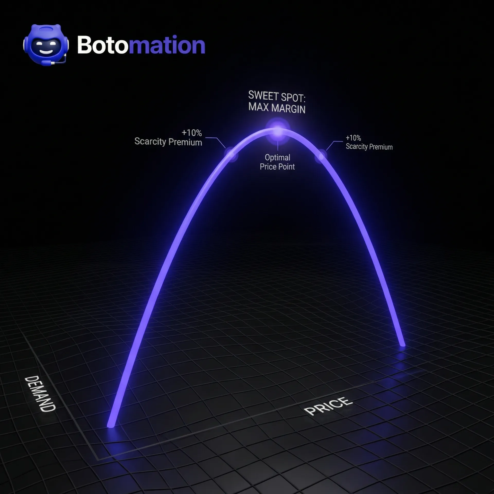 Abstract 3D price elasticity curve highlighting the 'Sweet Spot' for maximum margin using Botomation purple data visualization.