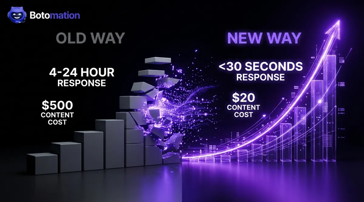 A comparison visualization showing the 'Old Way' of manual scaling with 24-hour response times in gray versus the 'New Way' of AI-driven growth with 30-second response times in glowing purple.