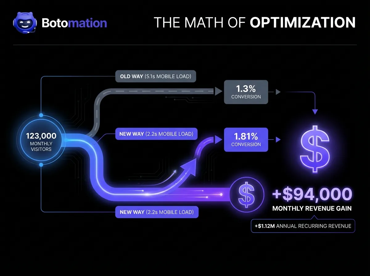 A flow chart titled 'The Math of Optimization' comparing 5.1s load times at 1.3% conversion to 2.2s load times at 1.81% conversion, showing a $94,000 monthly revenue increase.