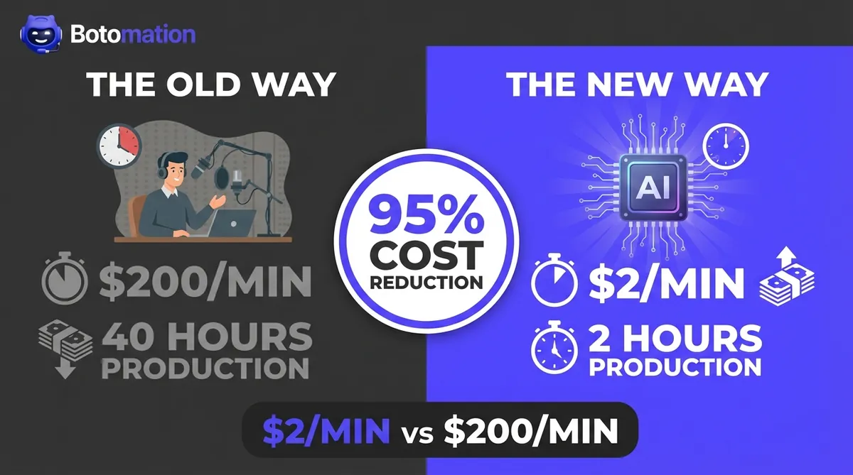 A side-by-side comparison showing the 'Old Way' of human dubbing ($200/min, 40 hours) versus the 'New Way' with AI ($2/min, 2 hours), highlighting a 95% cost reduction.