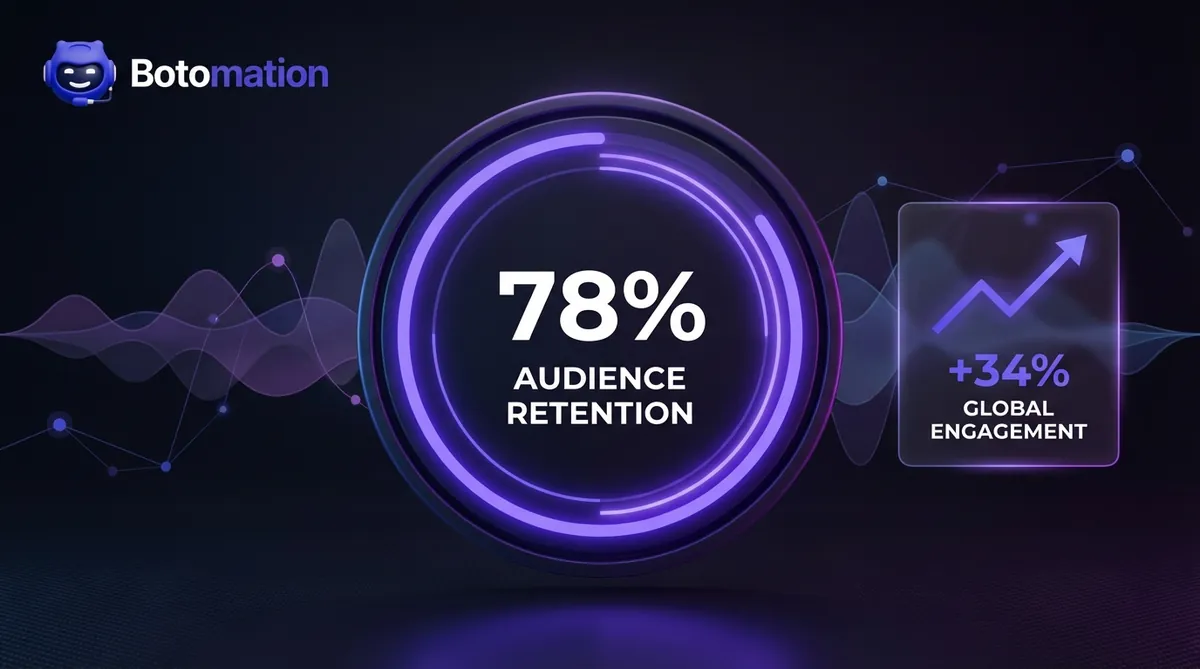 A digital analytics dashboard featuring a 78% audience retention gauge and a 34% engagement increase metric for AI-dubbed content.