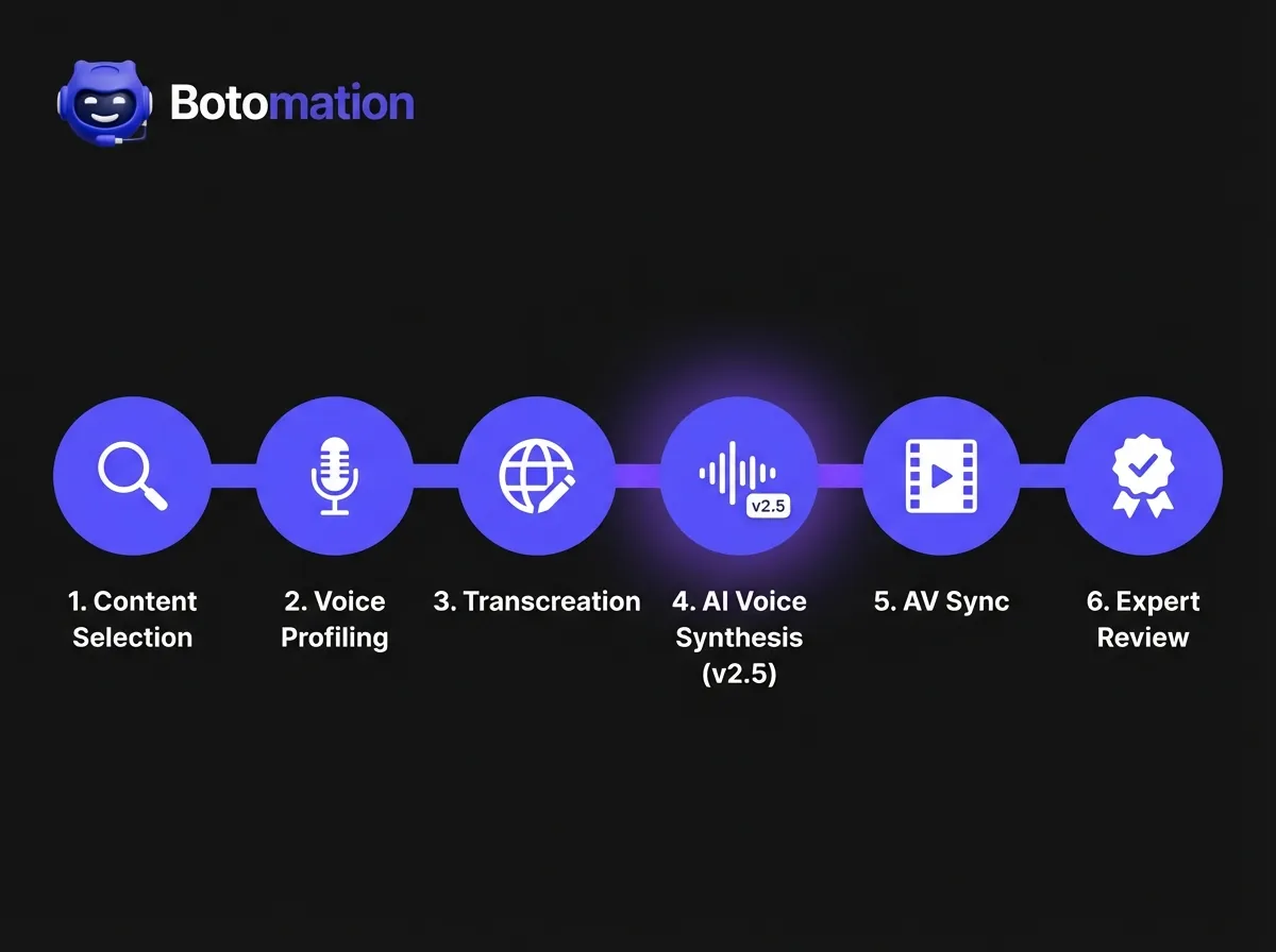 A 6-step horizontal process diagram for course localization: Content Selection, Voice Profiling, Transcreation, AI Synthesis v2.5, AV Sync, and Expert Review in Botomation purple and white.