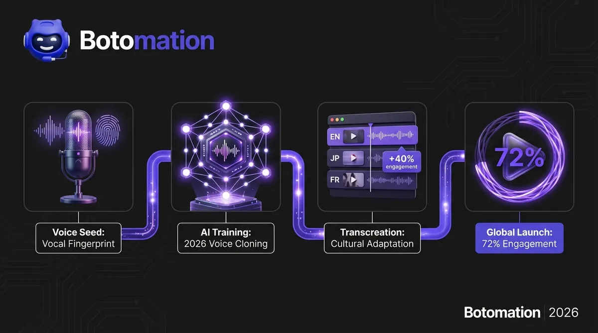 A four-step workflow diagram showing the Botomation process: Voice Seed, AI Training, Transcreation with language tracks (EN, JP, FR), and Global Launch with a 72% engagement metric.